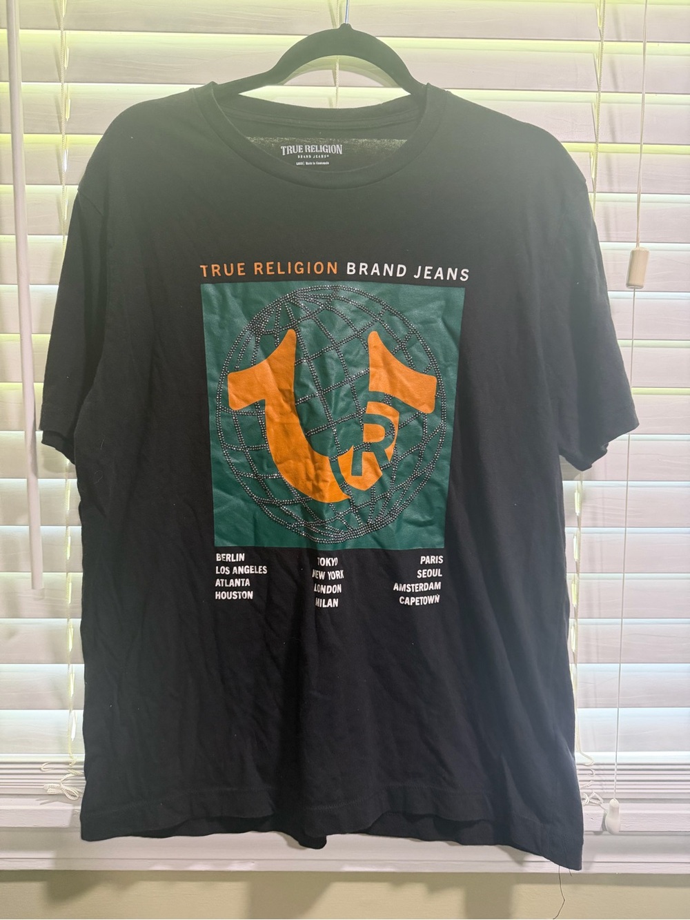 True Religion Black Short-Sleeve Tee with Orange Logo on Green Panel